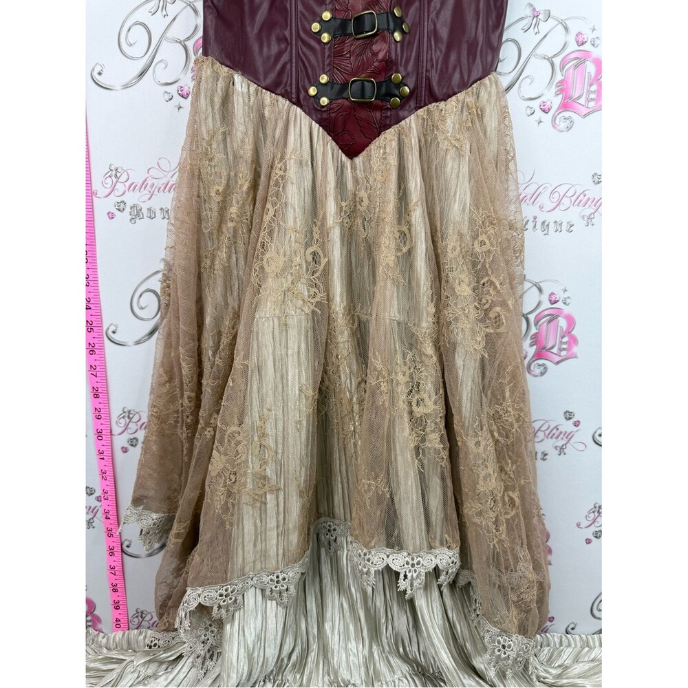 Spirit Halloween dress bustier Burgundy and Champagne Steampunk Corset Gown - Picture 4 of 12